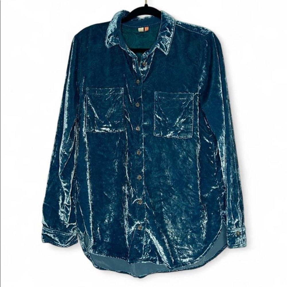 Anthropologie Pilcro Relaxed Velvet Button down Shirt Teal